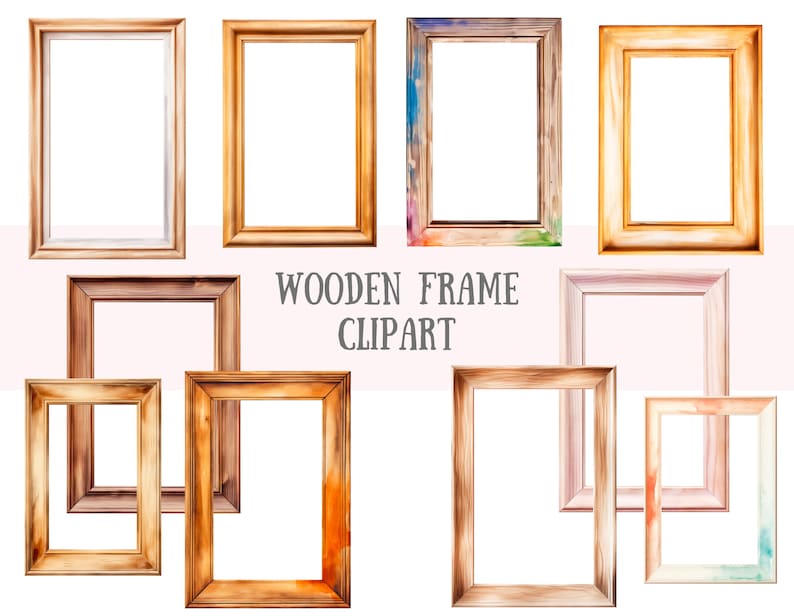May include: Set of ten wooden picture frames in various sizes and styles. The frames are all made of natural wood and have a rustic look. Some frames have a painted effect with watercolor washes in shades of blue, pink, and orange.