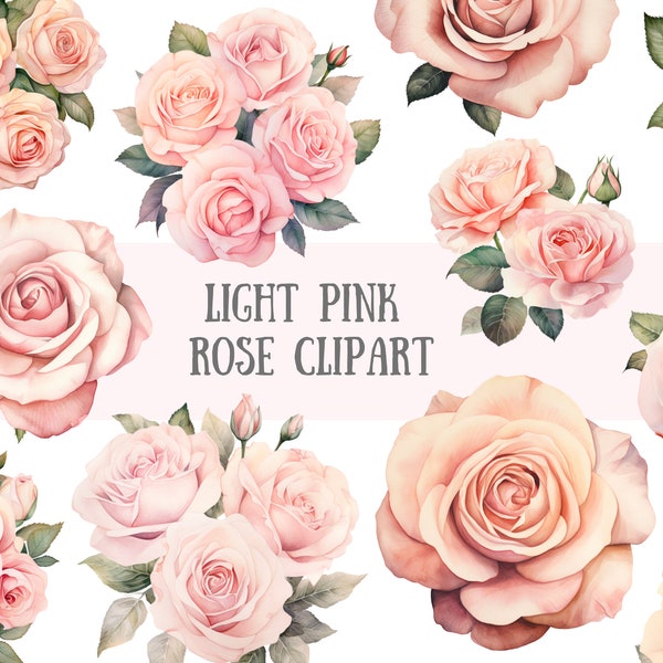 Watercolour Light Pink Rose Clipart Blush Rose Graphics PNG Digital Image Downloads for Card Making Scrapbook Junk Journal Paper Crafts