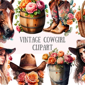 Aquarell Vintage Cowgirl Clipart - Wild Western PNG digitale Bild-Downloads für die Kartenherstellung, Scrapbook, Junk Journal, Papierhandwerk