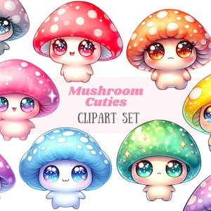Acuarela Chibi Mushroom Clipart Kawaii Mushroom Toadstools PNG Descargas de imágenes digitales para hacer tarjetas Scrapbook Junk Journal Paper Craft