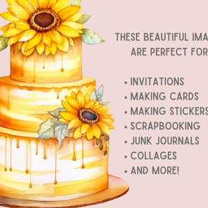 Puede incluir: Un pastel de boda de tres pisos decorado con girasoles y con glaseado amarillo que gotea. El pastel est&aacute; sobre una base de madera.