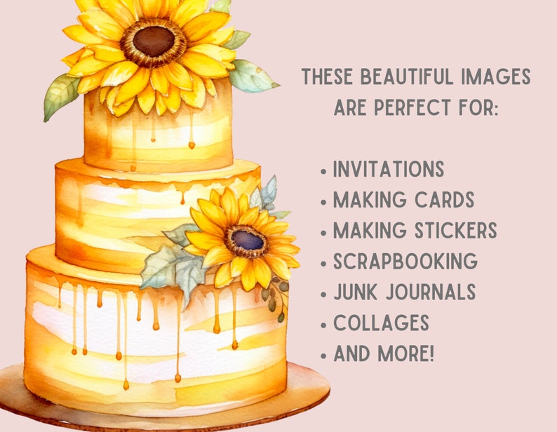 Puede incluir: Un pastel de boda de tres pisos decorado con girasoles y con glaseado amarillo que gotea. El pastel est&aacute; sobre una base de madera.