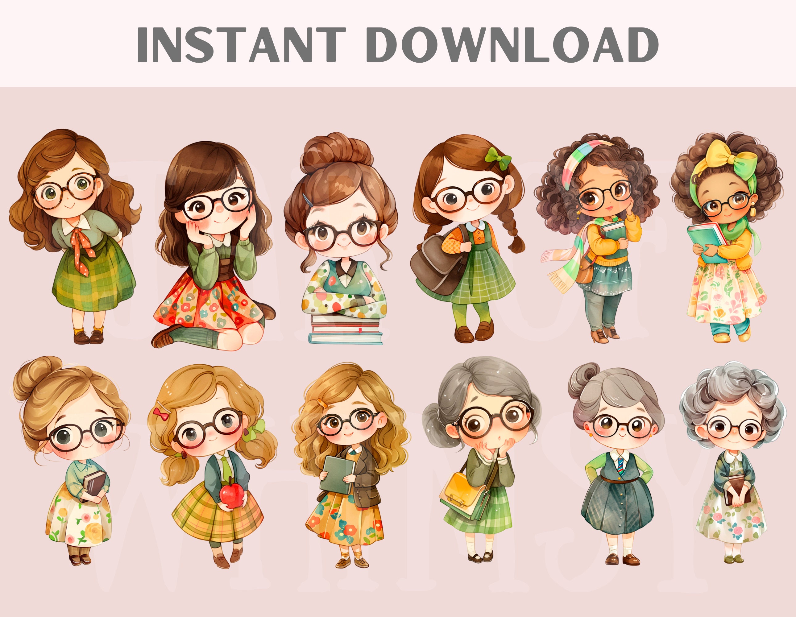 Watercolour Kawaii Teacher Clipart Cute Chibi Teacher Girl PNG Digital ...