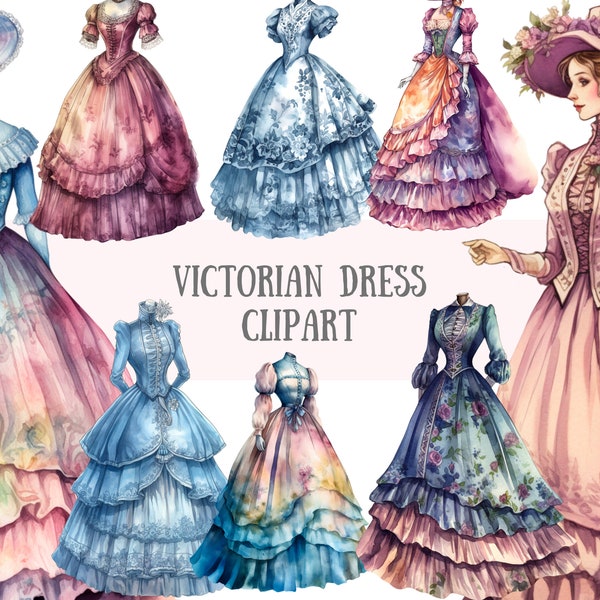 Watercolour Vintage Victorian Dress Clipart Vintage Fashion PNG Digital Image Downloads for Card Making Scrapbook Junk Journal Paper Crafts