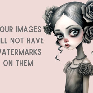 Puede incluir: Una ilustraci&oacute;n digital de una ni&ntilde;a con cabello gris y rosas negras en el cabello. Lleva un vestido gris con rosas negras en los hombros. El fondo es de color rosa claro. El texto "YOUR IMAGES WILL NOT HAVE WATERMARKS ON THEM" est&aacute; escrito en gris en el lado izquierdo de la imagen.