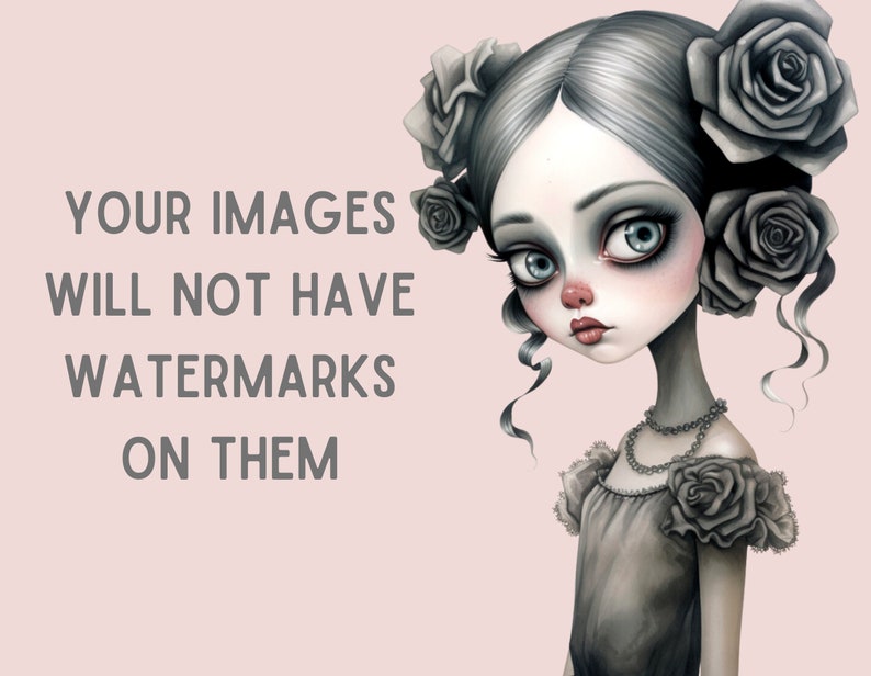 Puede incluir: Una ilustraci&oacute;n digital de una ni&ntilde;a con cabello gris y rosas negras en el cabello. Lleva un vestido gris con rosas negras en los hombros. El fondo es de color rosa claro. El texto "YOUR IMAGES WILL NOT HAVE WATERMARKS ON THEM" est&aacute; escrito en gris en el lado izquierdo de la imagen.