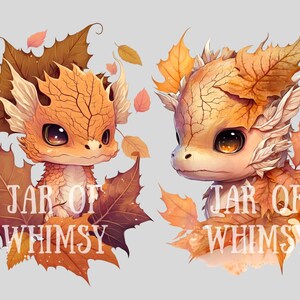 K&ouml;nnte beinhalten: Zwei Illustrationen eines drachenartigen Wesens mit gro&szlig;en Augen, umgeben von Herbstbl&auml;ttern. Die Kreaturen sind haupts&auml;chlich orange und braun, mit dem Text "JAR OF WHIMSY" darunter. Der Hintergrund ist hellgrau.