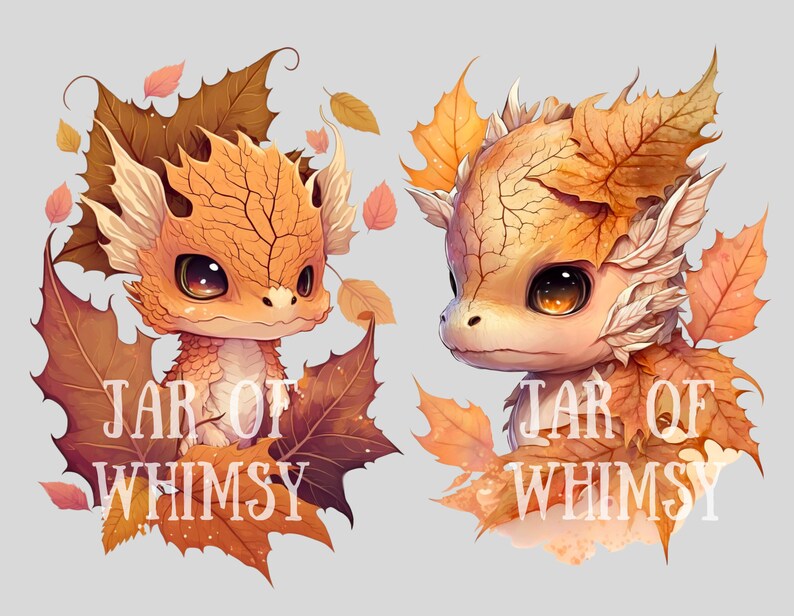 K&ouml;nnte beinhalten: Zwei Illustrationen eines drachenartigen Wesens mit gro&szlig;en Augen, umgeben von Herbstbl&auml;ttern. Die Kreaturen sind haupts&auml;chlich orange und braun, mit dem Text "JAR OF WHIMSY" darunter. Der Hintergrund ist hellgrau.