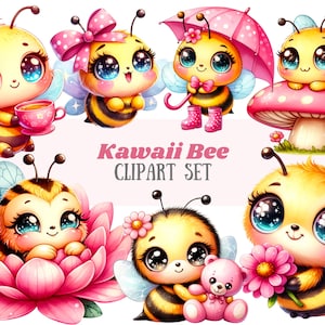 Acuarela Kawaii Bee Clipart Lindo Chibi BumbleBee PNG Descargas de imágenes digitales para hacer tarjetas Scrapbook Junk Journal Paper Crafts