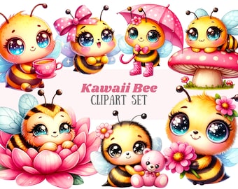 Aquarelle Kawaii abeille Clipart mignon Chibi bourdon PNG Image numérique à télécharger pour la fabrication de cartes Scrapbook Junk Journal travaux manuels en papier