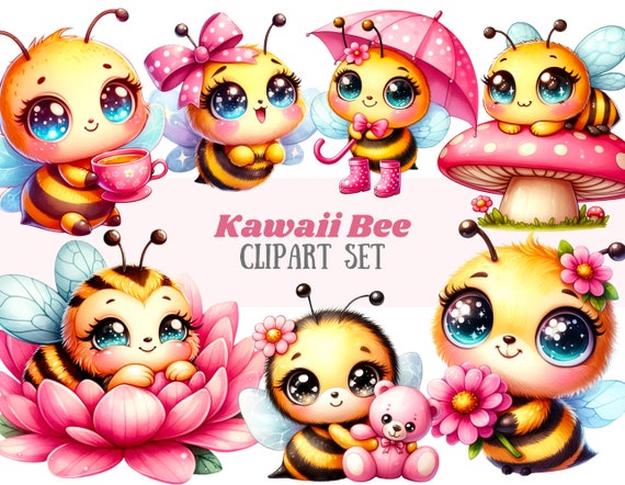 Watercolour Kawaii Bee Clipart Cute Chibi BumbleBee PNG Digital Image Downloads for Card Making Scrapbook Junk Journal Paper Crafts