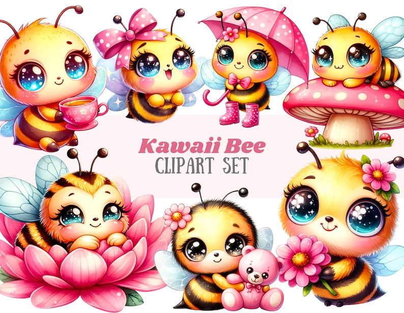 Peut inclure: Un ensemble de dix images clipart num&eacute;riques repr&eacute;sentant de jolies abeilles de dessin anim&eacute; aux grands yeux et avec diff&eacute;rents accessoires. Les abeilles sont dans diverses poses, notamment en train de tenir une tasse de th&eacute;, de porter un n&oelig;ud, de tenir un parapluie, de s'asseoir sur un champignon et de tenir une fleur. Le texte "Kawaii Bee Clipart Set" est &eacute;crit en lettres roses sur un fond blanc.
