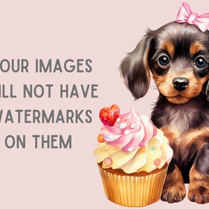 May include: A brown and black dachshund puppy wearing a pink bow sits next to a pink and yellow cupcake with a red heart-shaped strawberry on top. The text "YOUR IMAGES WILL NOT HAVE WATERMARKS ON THEM" is in the background.