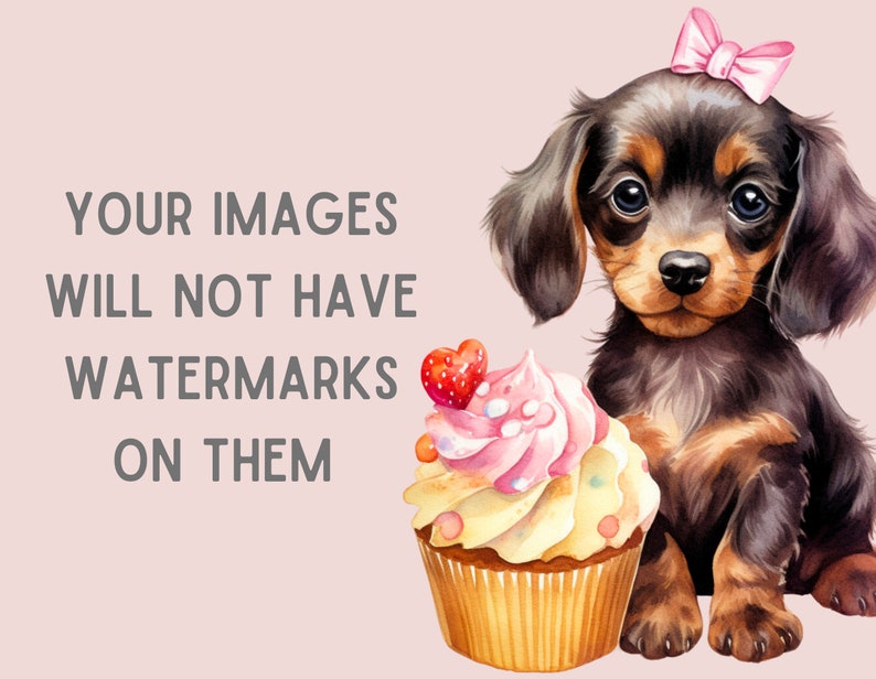 May include: A brown and black dachshund puppy wearing a pink bow sits next to a pink and yellow cupcake with a red heart-shaped strawberry on top. The text "YOUR IMAGES WILL NOT HAVE WATERMARKS ON THEM" is in the background.