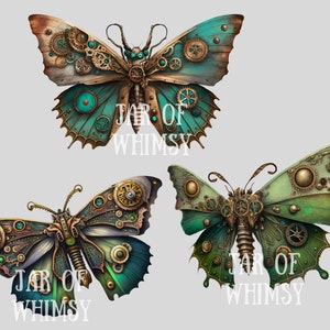 May include: Three steampunk-style butterflies with intricate gears and cogs, each with a different color scheme. The butterflies are all against a light gray background. The text "JAR OF WHIMSY" appears on each butterfly.
