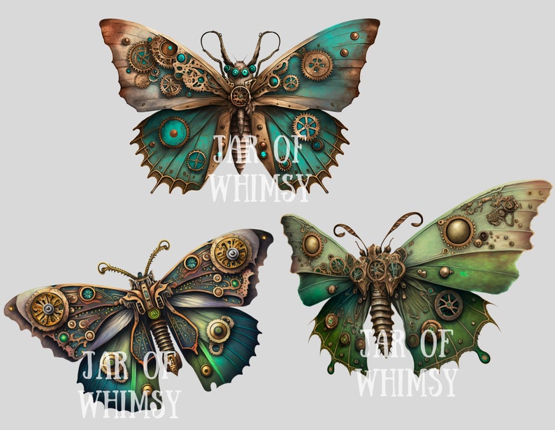 May include: Three steampunk-style butterflies with intricate gears and cogs, each with a different color scheme. The butterflies are all against a light gray background. The text "JAR OF WHIMSY" appears on each butterfly.