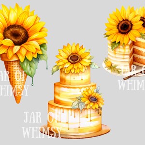 Puede incluir: Tres ilustraciones de acuarela de postres con tem&aacute;tica de girasol. Un cono de gofre amarillo y marr&oacute;n relleno de un girasol. Un pastel amarillo de tres pisos con girasoles y glaseado que gotea. Un pastel amarillo de un piso con un girasol en la parte superior y una rebanada quitada.