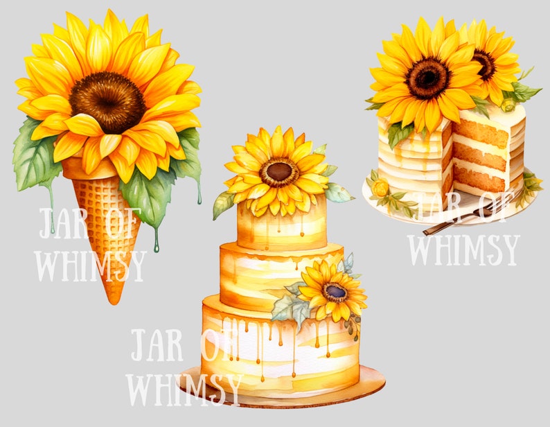 Puede incluir: Tres ilustraciones de acuarela de postres con tem&aacute;tica de girasol. Un cono de gofre amarillo y marr&oacute;n relleno de un girasol. Un pastel amarillo de tres pisos con girasoles y glaseado que gotea. Un pastel amarillo de un piso con un girasol en la parte superior y una rebanada quitada.