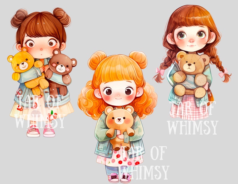 Puede incluir: Tres chicas de dibujos animados con cabello casta&ntilde;o, rubio y rojo est&aacute;n sosteniendo osos de peluche. Cada chica lleva una chaqueta vaquera azul y un vestido rosa y blanco. Las chicas est&aacute;n de pie sobre un fondo gris claro.