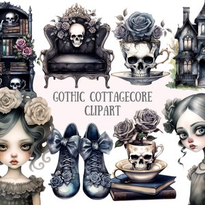 Akwarela Gothic Cottagecore Clipart Czaszka i Róże PNG Pobieranie Obrazów Cyfrowych do Tworzenia Kartek Scrapbook Junk Journal Paper Crafts