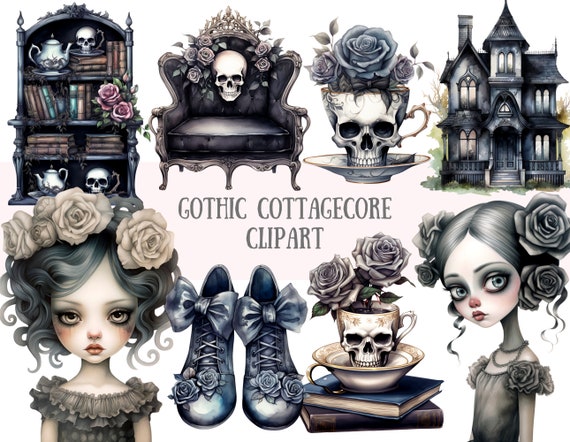 Watercolour Gothic Cottagecore Clipart Skull and Roses PNG Digital Image Downloads for Card Making Scrapbook Junk Journal Paper Crafts