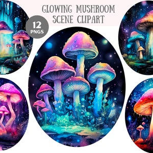 Aquarelle champignon rougeoyant Clipart fée champignons PNG Image numérique à télécharger pour la fabrication de cartes Scrapbook Junk Journal travaux manuels en papier