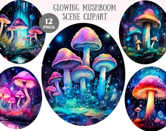 Aquarell leuchtende Pilz Clipart Fee Fliegenpilze PNG digitale Bild-Downloads für die Kartenherstellung Scrapbook Junk Journal Papierhandwerk