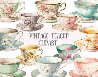 Acquerello Vintage Teacup Clipart - Antique Tea Time PNG Download di immagini digitali per la creazione di cartoline, album di ritagli, diario spazzatura, artigianato di carta