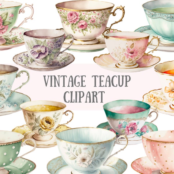 Watercolour Vintage Teacup Clipart - Antique Tea Time PNG Digital Image Downloads for Card Making, Scrapbook, Junk Journal, Paper Crafts