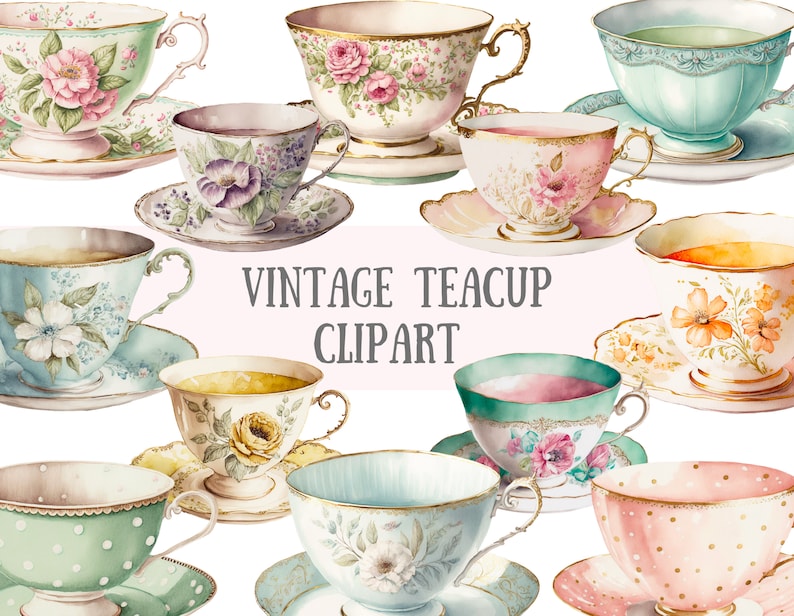Watercolour Vintage Teacup Clipart Antique Tea Time PNG Etsy