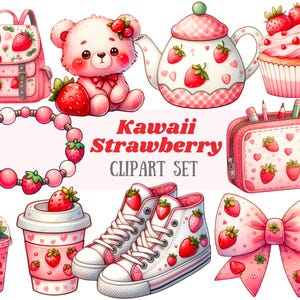 Acquerello Kawaii Fragola Clipart Carino Chibi Fragola PNG Immagine Digitale Download per Card Making Scrapbook Junk Journal Paper Crafts