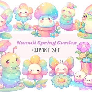 Acuarela Kawaii Spring Garden Clipart Lindo Rainbow Spring PNG Descargas de imágenes digitales para hacer tarjetas Scrapbook Junk Journal Paper Crafts