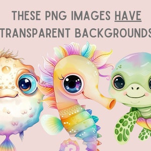 May include: A colorful illustration of a seahorse, a pufferfish, and a sea turtle. The seahorse is yellow with rainbow stripes and a pink fin. The pufferfish is white with rainbow spots and a pink tail. The sea turtle is green with rainbow spots and a pink shell.