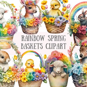 Aquarelle arc-en-ciel printemps paniers clipart - lapin de Pâques PNG image numérique téléchargements pour la fabrication de cartes, scrapbooking, journal indésirable, travaux manuels en papier