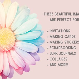 May include: A watercolor painting of a colorful daisy with pink, yellow, blue, and purple petals. The text "THESE BEAUTIFUL IMAGES ARE PERFECT FOR: &bull; INVITATIONS &bull; MAKING CARDS &bull; MAKING STICKERS &bull; SCRAPBOOKING &bull; JUNK JOURNALS &bull; COLLAGES &bull; AND MORE!" is written in white text on a light pink background.