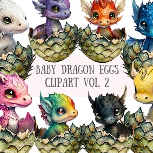 Huevos de dragón bebé en acuarela vol. 2 Imágenes Prediseñadas - Descargas de imágenes digitales PNG de fantasía para la fabricación de tarjetas, álbumes de recortes, diarios basura, manualidades de papel