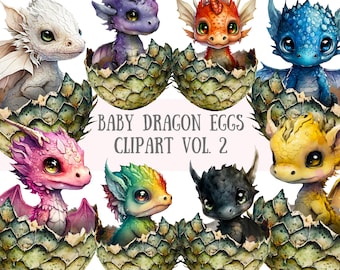 Könnte beinhalten: Ein Set mit 8 Baby-Drachen-Illustrationen in Eierschalen. Die Drachen sind in verschiedenen Farben, darunter weiß, lila, orange, blau, rosa, grün, schwarz und gelb. Die Eierschalen sind gebrochen und zeigen die Baby-Drachen im Inneren. Der Text "BABY DRAGON EGGS CLIPART VOL. 2" steht in der Mitte des Bildes.