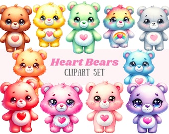 Watercolour Heart Bear Clipart Kawaii Rainbow Bear PNG Digital Image Downloads for Card Making Scrapbook Junk Journal Paper Crafts