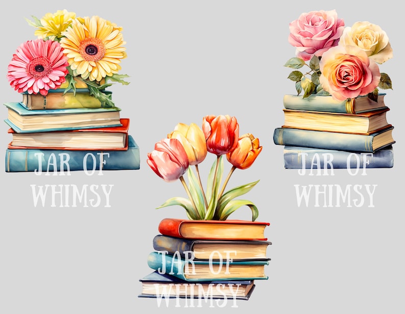 Puede incluir: Tres pilas de libros con diferentes arreglos florales en la parte superior. Cada pila tiene un libro azul en la parte inferior con el texto "JAR OF WHIMSY" en blanco.