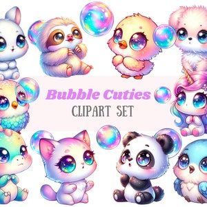 Acuarela linda burbuja clipart iridiscente burbuja animales PNG descarga de imagen digital para la fabricación de tarjetas Scrapbook Junk Journal Paper Craft
