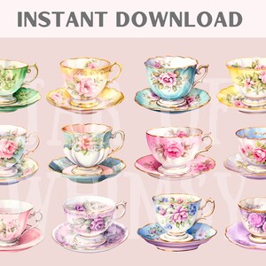 May include: Ten watercolour illustrations of vintage teacups and saucers with floral designs in various colours, including pink, blue, green, yellow, and purple.