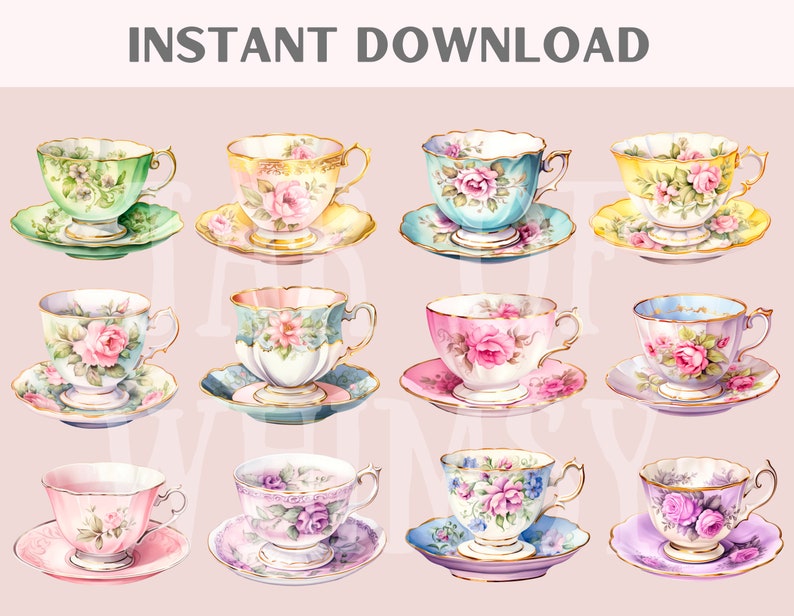 May include: Ten watercolour illustrations of vintage teacups and saucers with floral designs in various colours, including pink, blue, green, yellow, and purple.