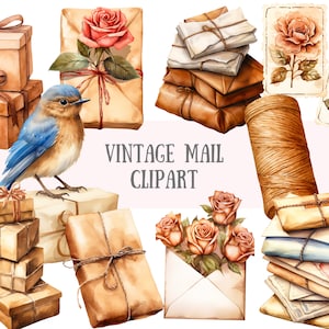 Aquarell Vintage Mail Clipart Post Happy Mail PNG digitale Bild-Downloads für die Kartenherstellung Scrapbook Junk Journal Papierhandwerk