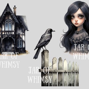 Op de afbeelding: Een digitale illustratie van een griezelig, gotisch huis met een zwarte raaf die op een hek zit. Het huis heeft een zwart dak en witte versieringen. De raaf kijkt naar rechts. De tekst "JAR OF WHIMSY" staat onder het huis en het hek.