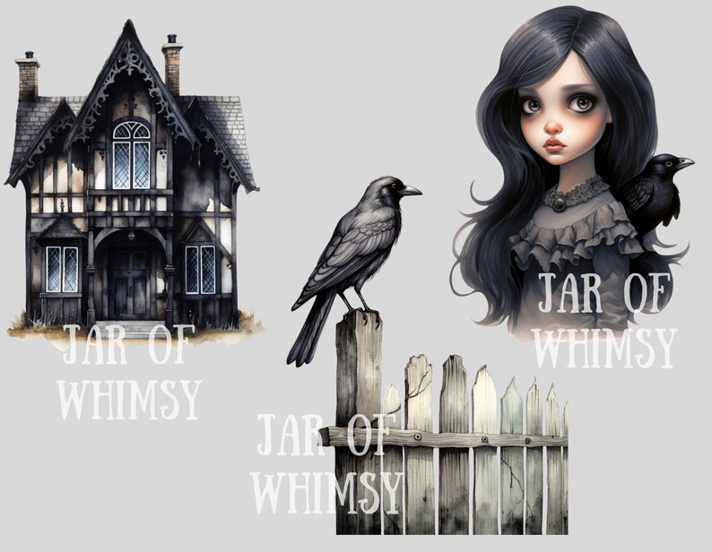 Op de afbeelding: Een digitale illustratie van een griezelig, gotisch huis met een zwarte raaf die op een hek zit. Het huis heeft een zwart dak en witte versieringen. De raaf kijkt naar rechts. De tekst "JAR OF WHIMSY" staat onder het huis en het hek.
