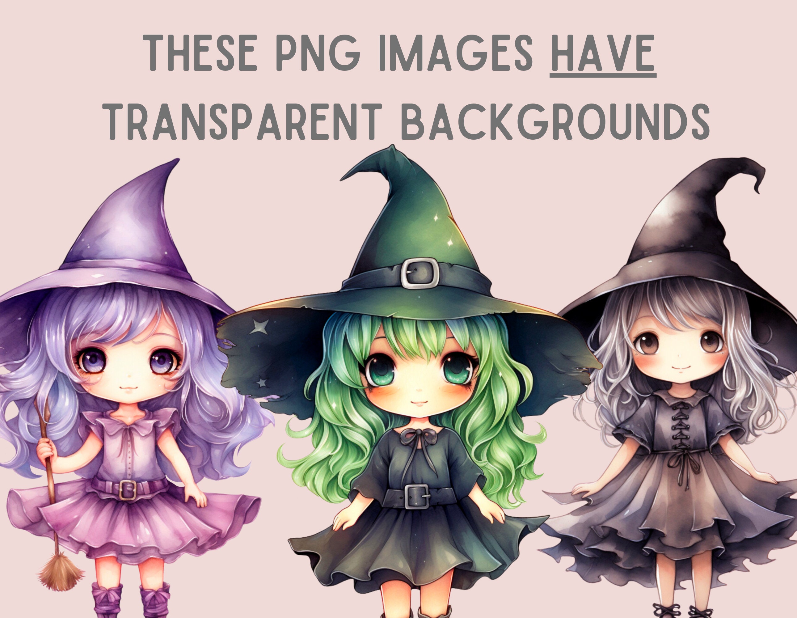 Watercolour Chibi Witch Girl Clipart Kawaii Anime Halloween PNG Digital ...