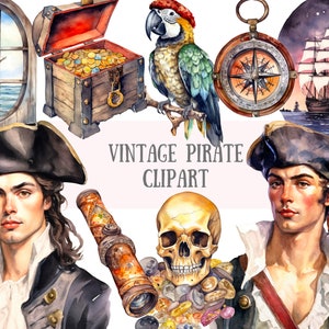 Watercolour Vintage Pirate Clipart Ship Parrot Treasure PNG Digital Image Downloads for Card Making Scrapbook Junk Journal Paper Crafts
