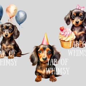 May include: Three watercolor illustrations of dachshund puppies. One puppy is wearing a pink party hat and holding a cupcake. Another puppy is wearing a pink bow and holding a cupcake. The third puppy is holding three balloons, one blue, one pink, and one blue.