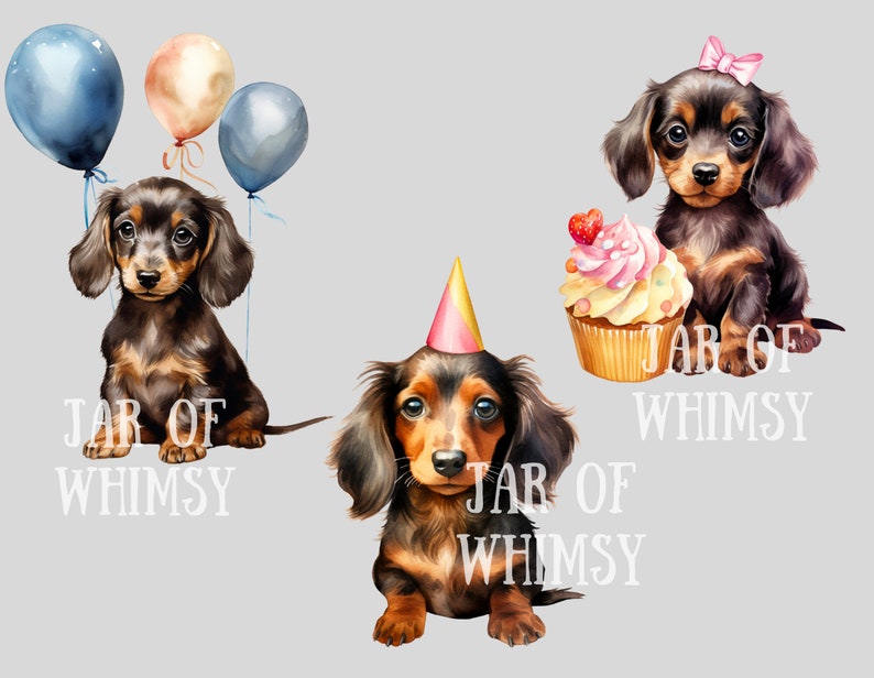 May include: Three watercolor illustrations of dachshund puppies. One puppy is wearing a pink party hat and holding a cupcake. Another puppy is wearing a pink bow and holding a cupcake. The third puppy is holding three balloons, one blue, one pink, and one blue.