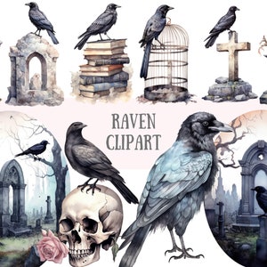 Watercolour Black Raven Clipart Halloween Graveyard PNG Digital Image Downloads for Card Making Scrapbook Junk Journal Paper Crafts